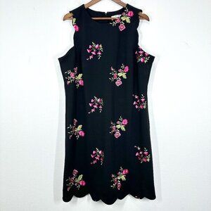 Jones Studio Size 16 Black Boatneck Dress‎ Pink Embroidered Floral Scalloped Hem